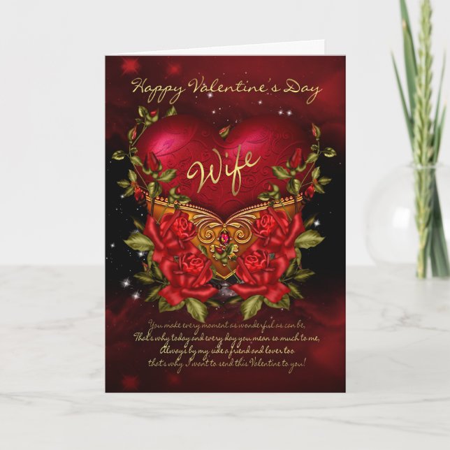 Wife, Valentine's Day Card With Heart And Roses (Front)
