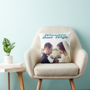 Wife with sky blue text photo cushion