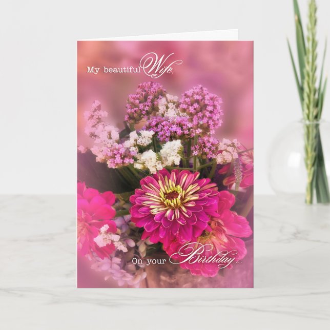 Wife's Birthday Feminine Pink Floral Bouquet Card (Front)