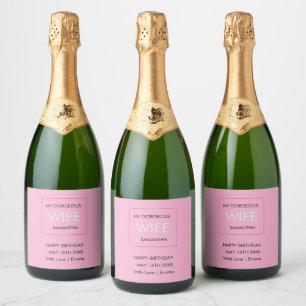 Wife's Birthday, Typography Black, White and Pink Sparkling Wine Label
