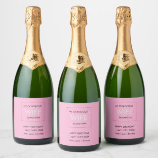 Wife's Birthday, Typography Black, White and Pink Sparkling Wine Label