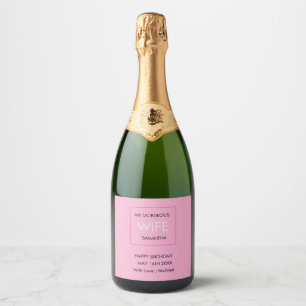 Wife's Birthday, Typography Black, White and Pink Sparkling Wine Label