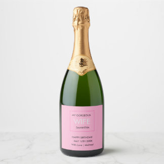 Wife's Birthday, Typography Black, White and Pink Sparkling Wine Label