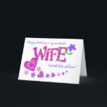 Wife's Birthday Word Art with Romantic Hearts Card<br><div class="desc">A very pretty, 'word art' birthday card for a wife, with the word, ' Wife' in large patterned letters. The letters are filled with various pink, mauve and blue patterns, polka dots, chevrons, stripes and floral patterns. There is large blue flower in the top right-hand corner and a decorative heart...</div>