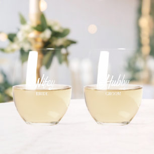 Wifey and Hubby Stylised Wedding Bride and Groom Stemless Wine Glass
