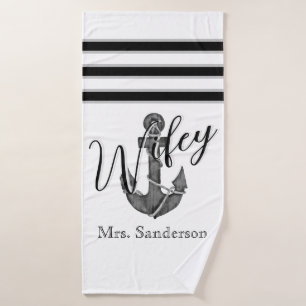Wifey Bride Nautical Monogram Black White Anchor Bath Towel