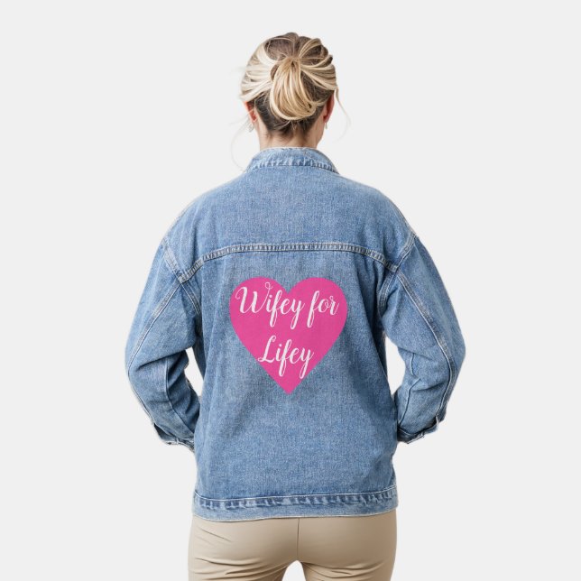 Wifey for Lifey in Pink Heart Denim Jacket (Model)