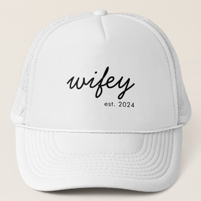 Wifey Modern Minimalist Script Personalised Bride Trucker Hat (Front)
