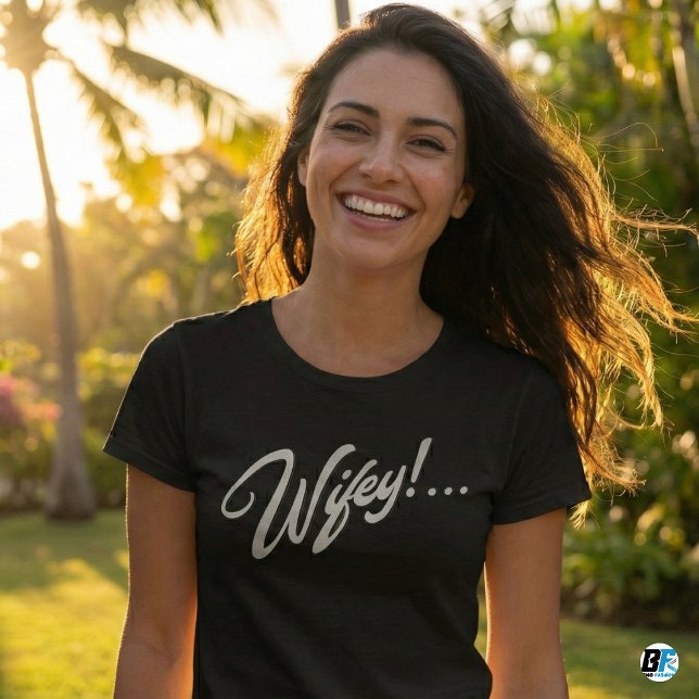 Wifey Modern White Script Black Womens T-Shirt (Creator Uploaded)