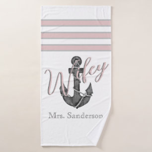 Wifey Nautical Monogram Dusty Rose Pink Anchor Bath Towel