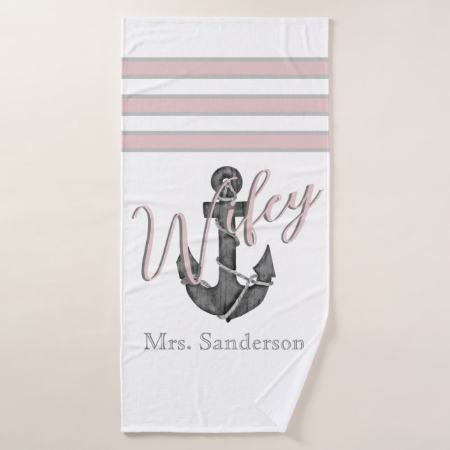 Wifey Nautical Monogram Dusty Rose Pink  Anchor Bath Towel (Bath Towel)