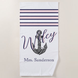 Wifey Nautical Monogram Pink Navy Blue Anchor Beach Towel