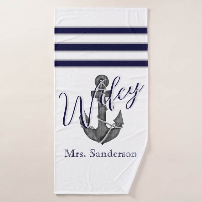 Wifey Nautical White and Navy Blue  Anchor  Beach Bath Towel (Bath Towel)