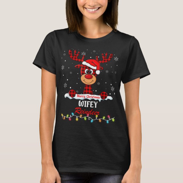 Wifey Reindeer Santa Hat Buffalo Plaid Christmas T-Shirt (Front)