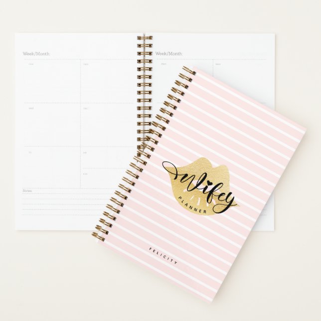 Wifey | Stylish Gold Lips & Blush Pink Stripe Planner (Display)