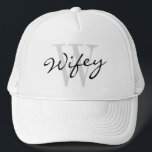 WIFEY trucker hat for wedding bride<br><div class="desc">WIFEY trucker hat for wedding bride. Funny honeymoon gift idea for newlywed wife. Custom monogram design with stylish script typography. Classy black and white logo cap. Marriage accessories for wedding party,  bridal shower,  bachelorette,  girls weekend,  honeymoon etc.</div>