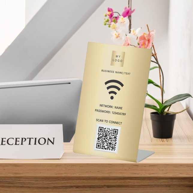 Wifi business logo qr code scan to connect gold pedestal sign (Creator Uploaded)