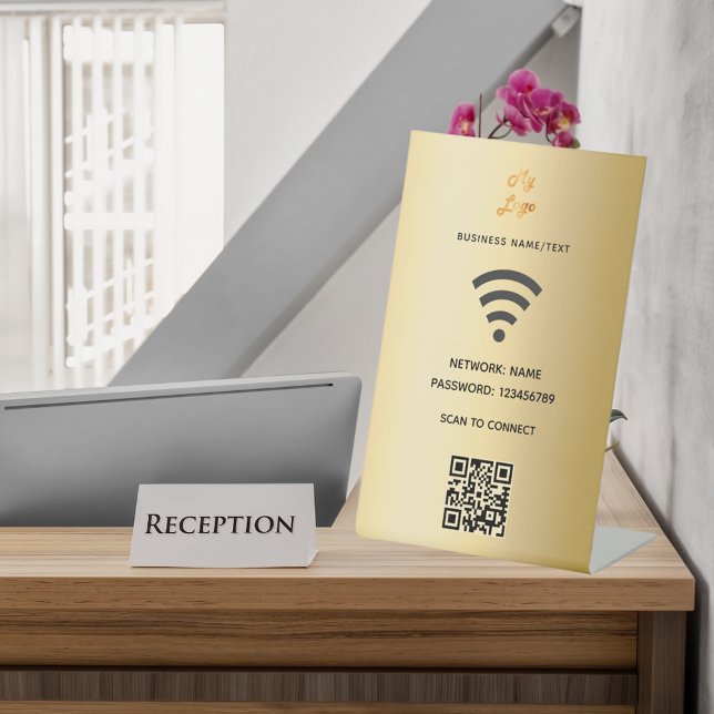 Wifi business logo qr code scan to connect gold pedestal sign (Creator Uploaded)