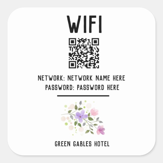 WiFi Code With QR Code & Floral Design Square Sticker (Front)