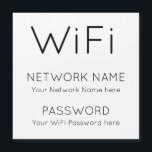 WiFi Information Network Password Black Text White<br><div class="desc">Keep your WiFi details always readily available on your fridge for easy access, with simply the relevant information in minimal stylish typography which you can easily personalise with your own network information and password. You can also change the white background to another colour if you wish via the customise further...</div>