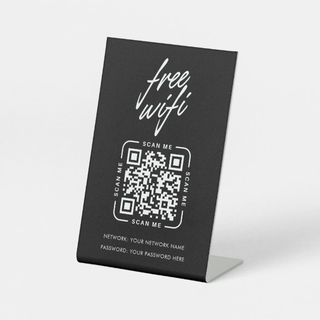 Wifi Network QR Code Black Modern Business Pedestal Sign (Front)