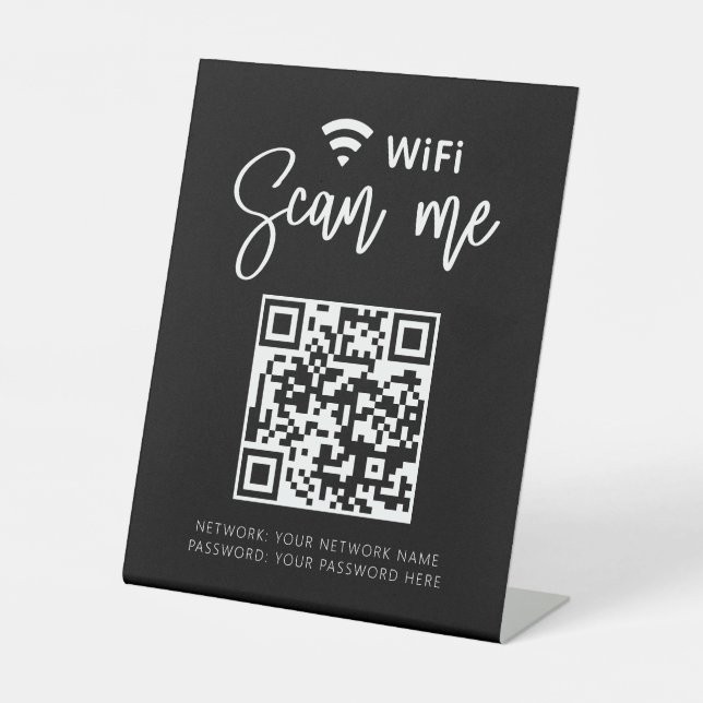 Wifi Network QR Code Black Modern Business Pedestal Sign (Front)