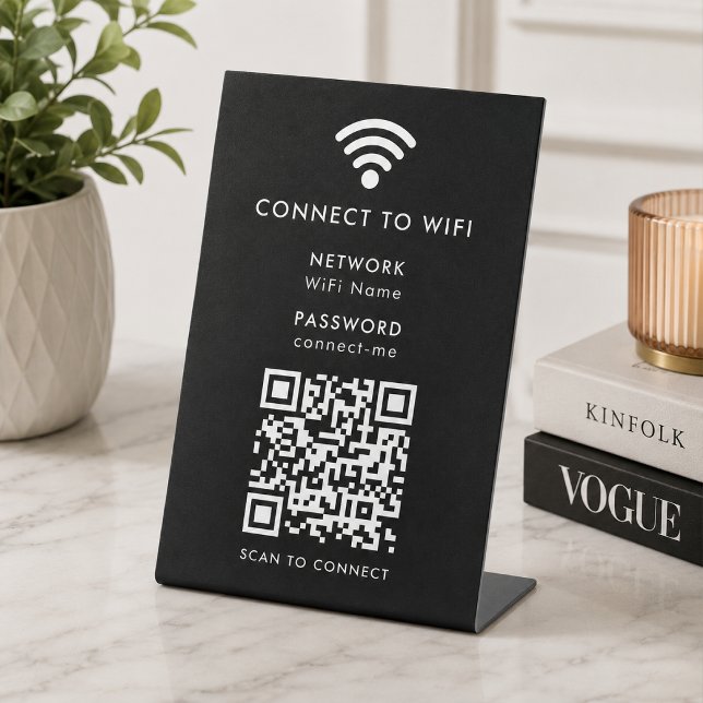 Wifi Network QR Code Scan to Connect Modern Black Pedestal Sign (Wi-Fi tabletop pedestal signs with interactive QR code, connecting guests seamlessly to your WiFi.)