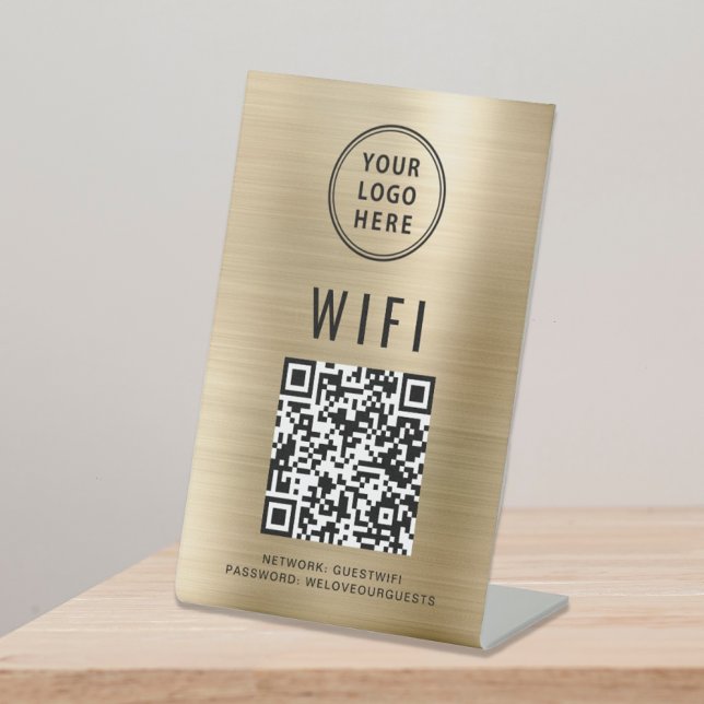 Wifi QR Code Business Logo Scan To Connect Gold Pedestal Sign (Creator Uploaded)
