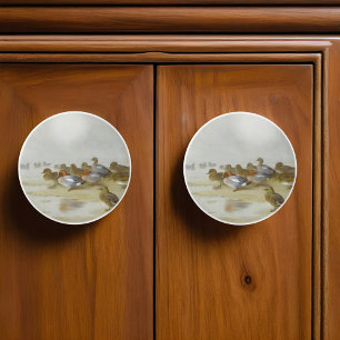 Wigeon and Teal by the water's edge, Art Ceramic Knob