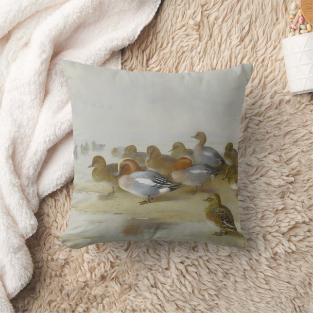 Wigeon and Teal by the water's edge, Art  Cushion (Blanket)