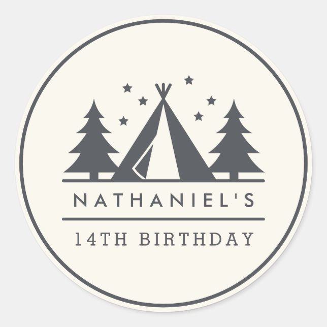 Wigwam in the Woods Birthday Camp Party Classic Round Sticker (Front)