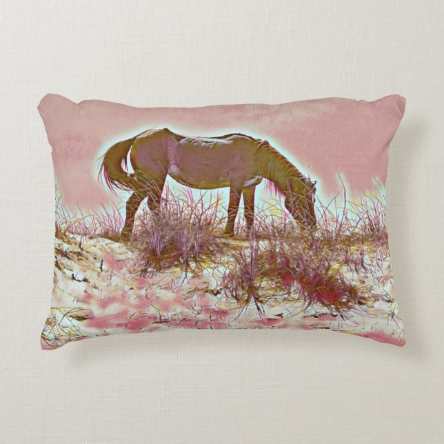 Wiild dune horse grazing pink brown accent pillow (Front)