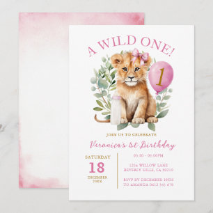 Wild 1 Birthday Lion Girl Birthday Floral Bow tie Invitation