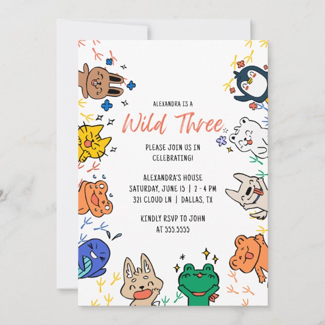 Wild 3 Cute Animals 1st Birthday Kids Invitation (Front)