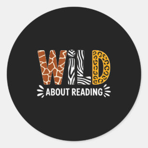 Wild about reading book animal children's book classic round sticker
