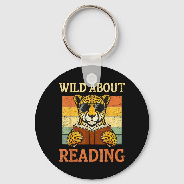 Wild About Reading Funny Leopard Cheetah Book Key Ring (Front)