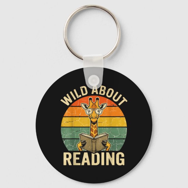 Wild About Reading Giraffe Book Lover Retro Key Ring (Front)
