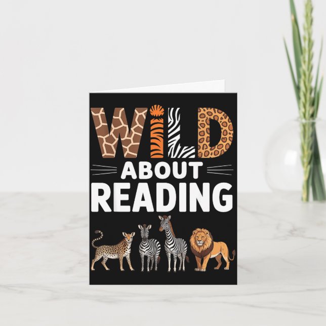 Wild about reading retro animal book lover card (Front)