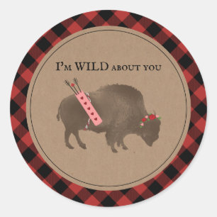 Wild About You Buffalo Plaid Cupid Valentine Classic Round Sticker
