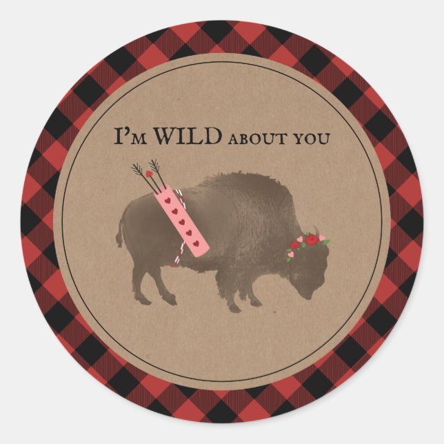 Wild About You Buffalo Plaid Cupid Valentine Classic Round Sticker (Front)