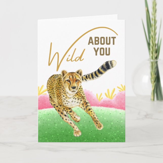Wild About You Cheetah Spring Meadow Valentine Card (Front)