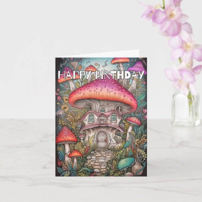 Wild Abstract Mushroom Illustration Birthday Card (Orchid)