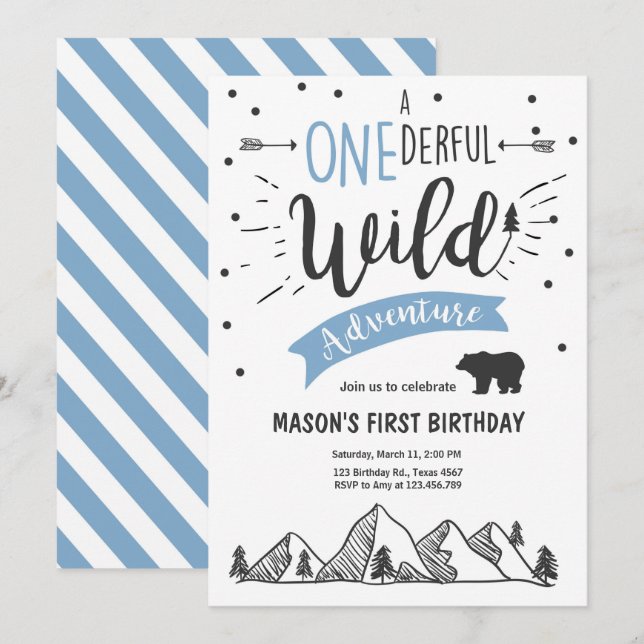 Wild adventure First birthday invitation one Blue (Front/Back)