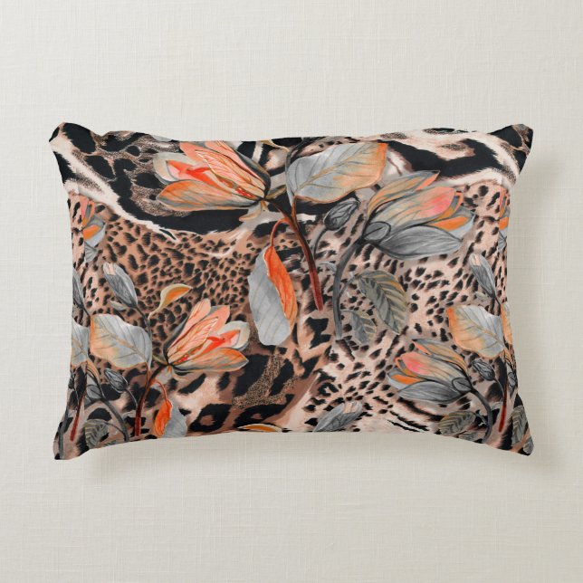 Wild african animal skin with browm flowers patter decorative cushion (Front)