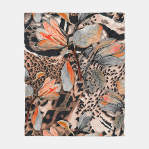 Wild african animal skin with browm flowers patter fleece blanket