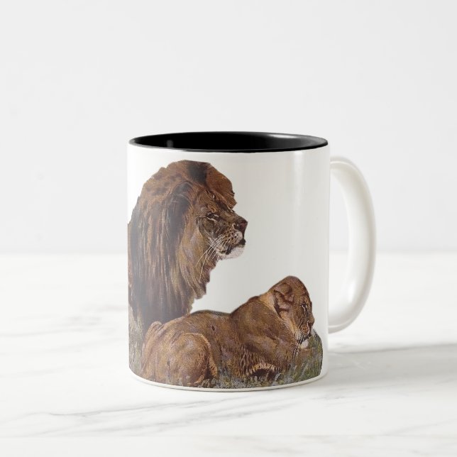 Wild African cats lioness and lion Two-Tone Coffee Mug (Front Right)