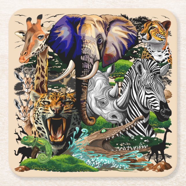 Wild African Savanna Animals Square Paper Coaster (Front)