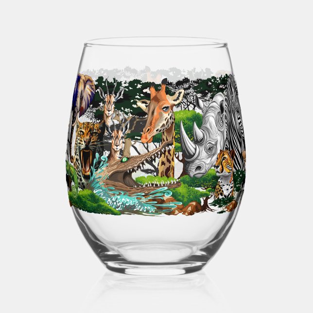 Wild African Savanna Animals Stemless Wine Glass (Front)