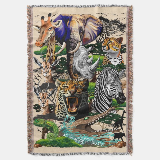 Wild African Savanna Animals Throw Blanket (Front Vertical)