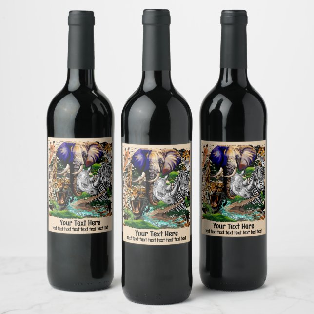 Wild African Savanna Animals Wine Label (Bottles)